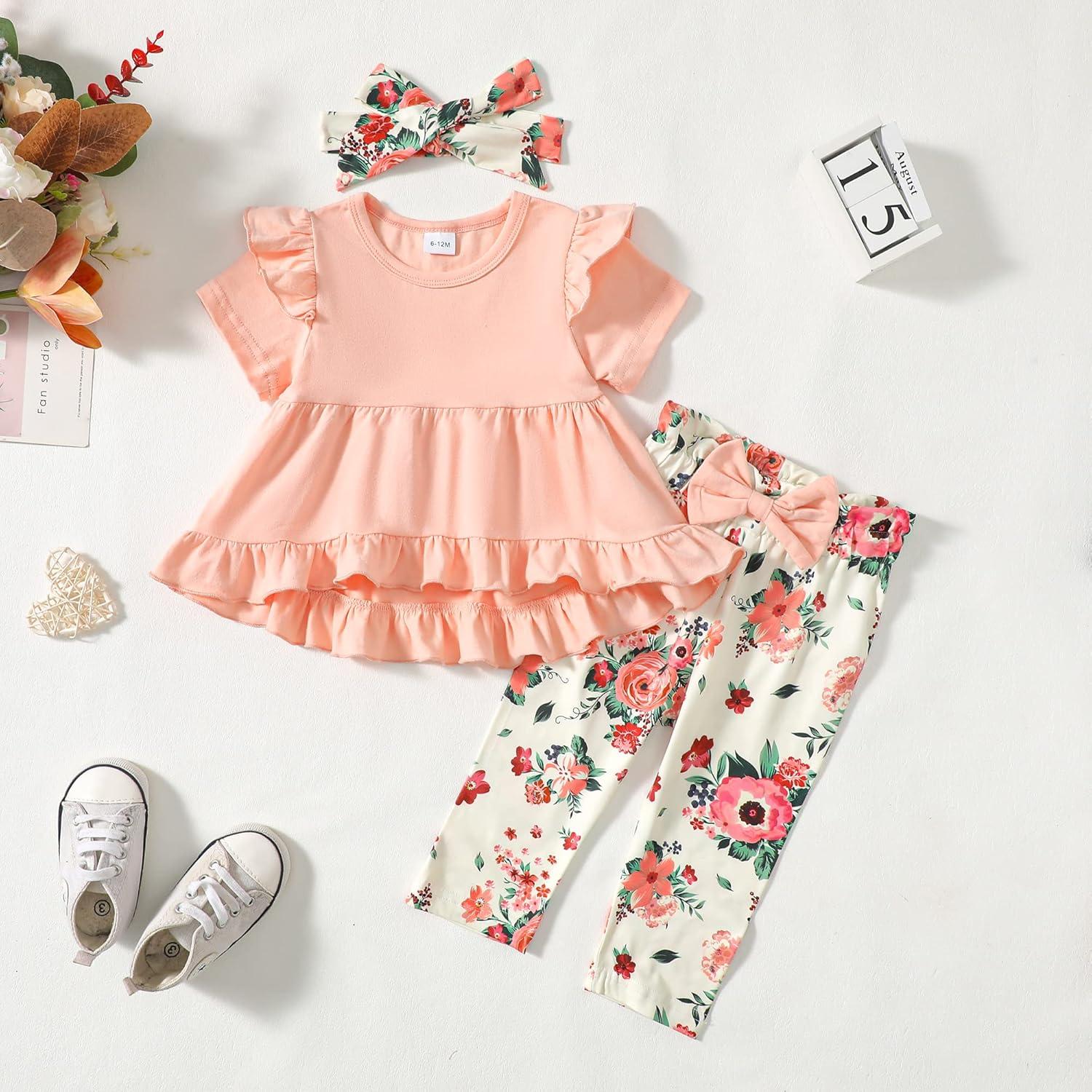 imageKucnuzki Baby Girl Clothes Toddler Girl Outfit Cute Shirt Ruffle Top Pant Set Fall Winter Clothing For GirlFloral Pink