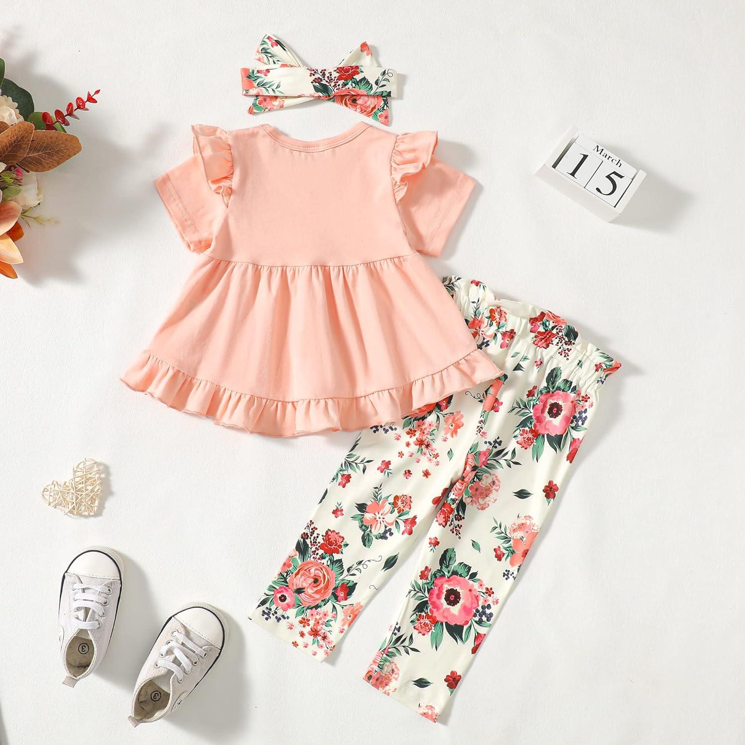 imageKucnuzki Baby Girl Clothes Toddler Girl Outfit Cute Shirt Ruffle Top Pant Set Fall Winter Clothing For GirlFloral Pink