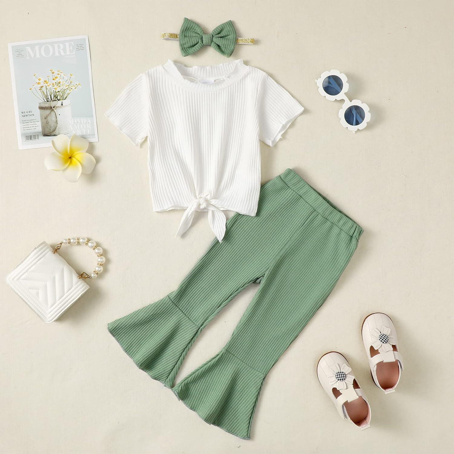 imageKucnuzki Baby Girl Clothes Toddler Girl Outfit Cute Shirt Ruffle Top Pant Set Fall Winter Clothing For GirlGreen White