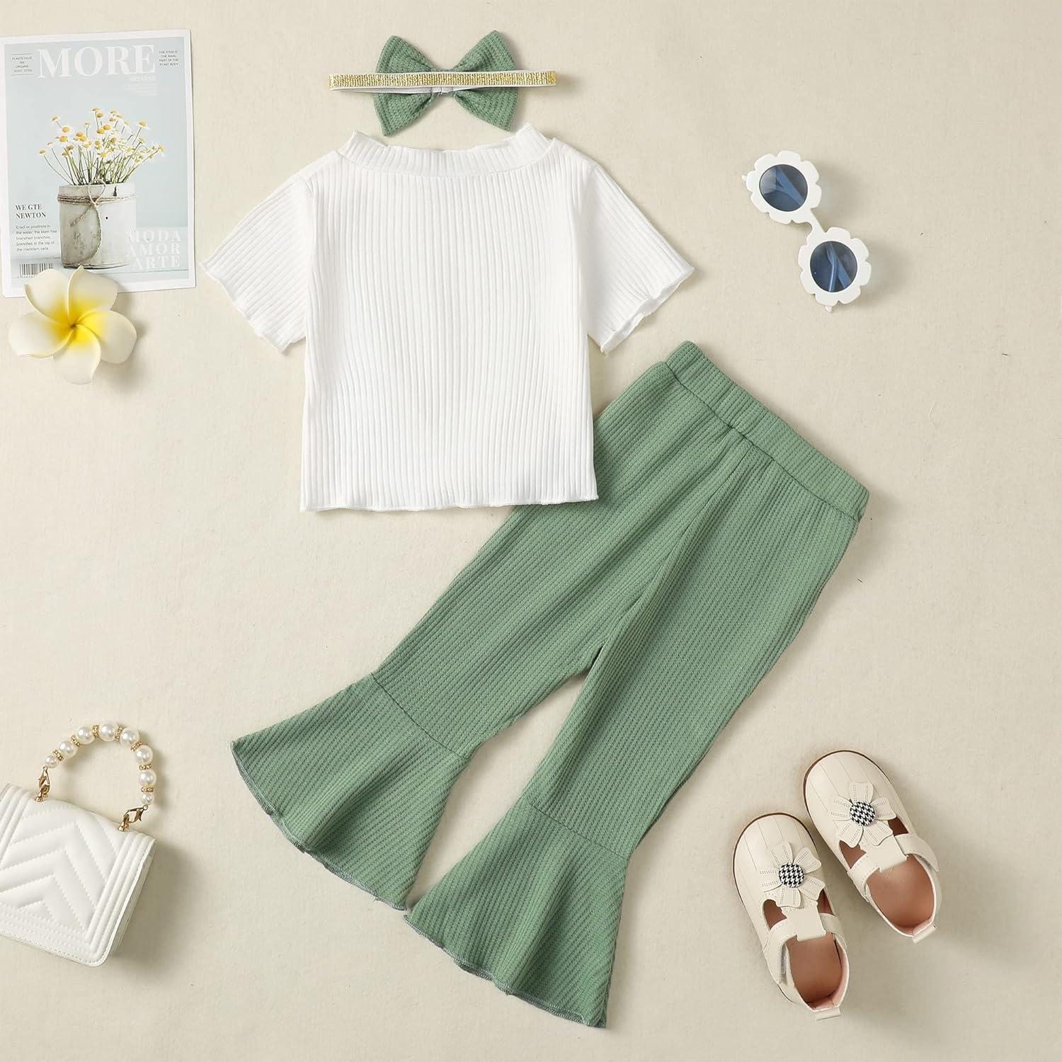 imageKucnuzki Baby Girl Clothes Toddler Girl Outfit Cute Shirt Ruffle Top Pant Set Fall Winter Clothing For GirlGreen White