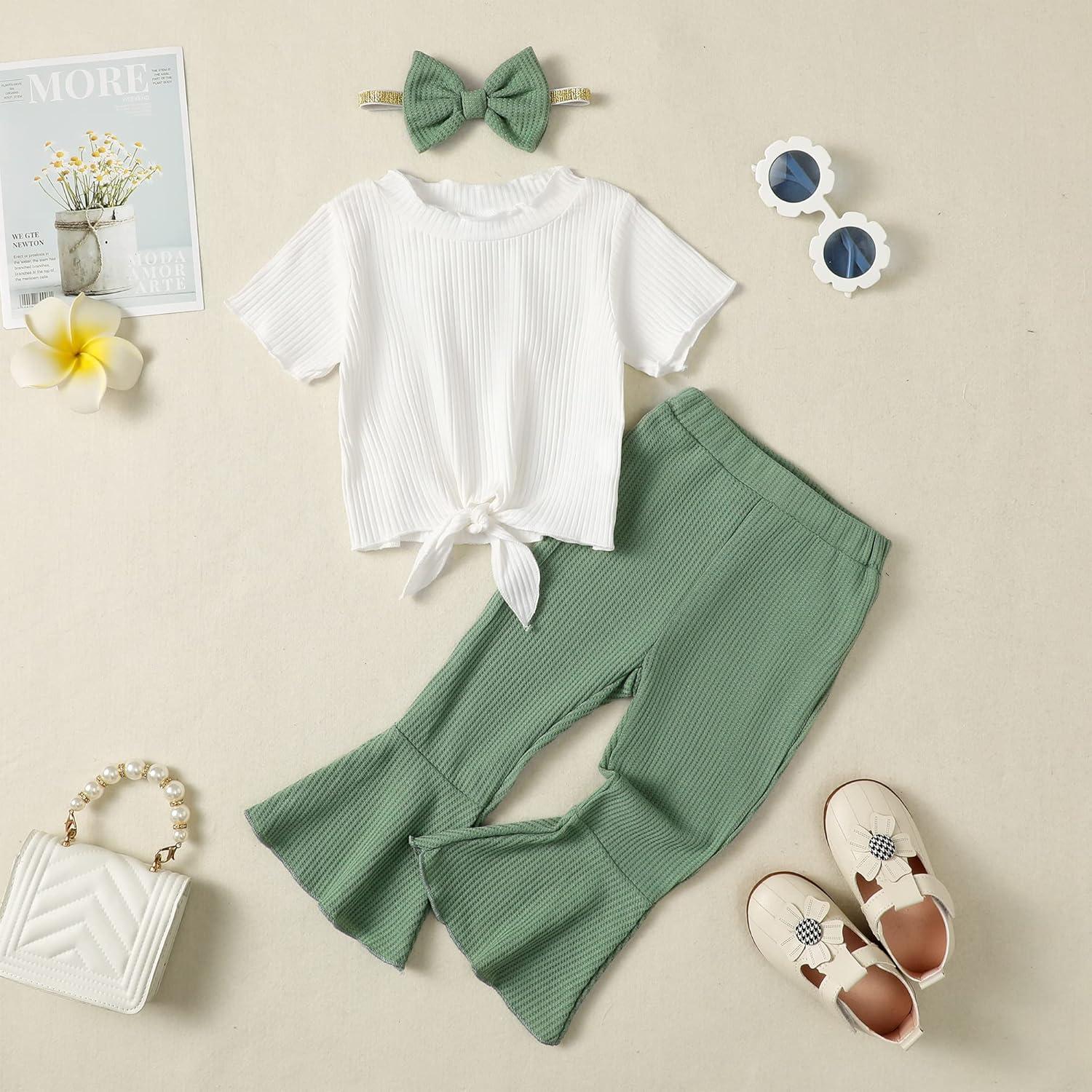 imageKucnuzki Baby Girl Clothes Toddler Girl Outfit Cute Shirt Ruffle Top Pant Set Fall Winter Clothing For GirlGreen White