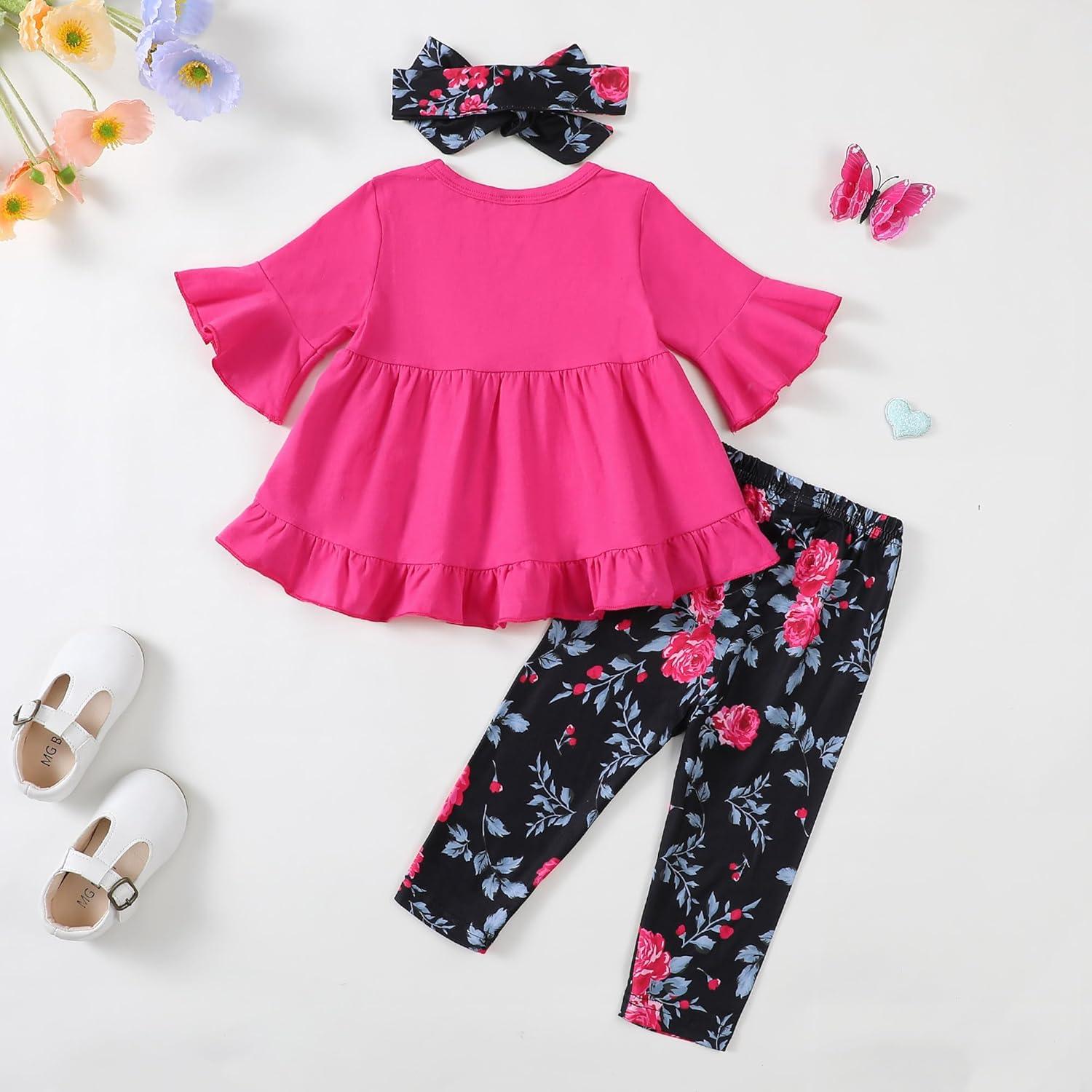imageKucnuzki Baby Girl Clothes Toddler Girl Outfit Cute Shirt Ruffle Top Pant Set Fall Winter Clothing For GirlHotpink