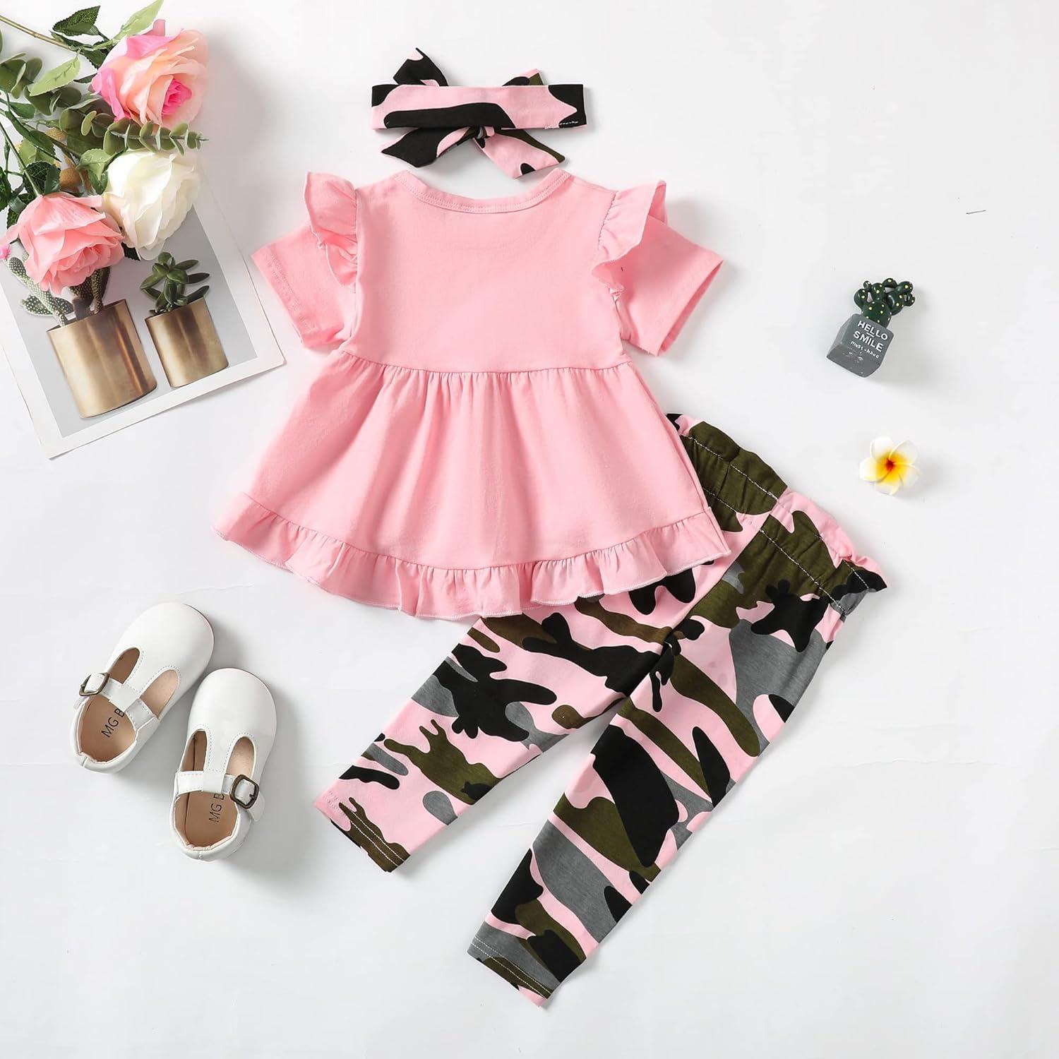 imageKucnuzki Baby Girl Clothes Toddler Girl Outfit Cute Shirt Ruffle Top Pant Set Fall Winter Clothing For GirlPink Camo