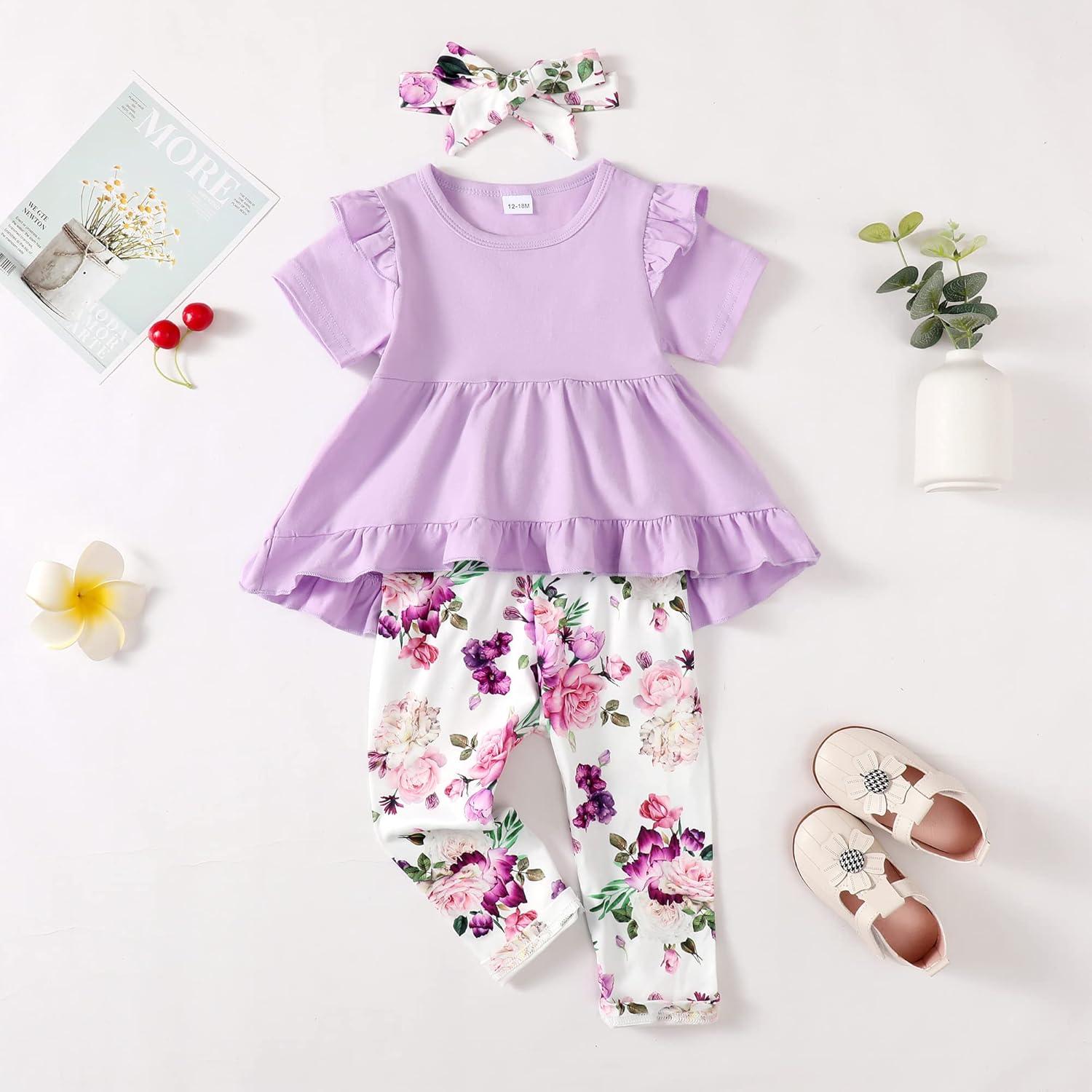 imageKucnuzki Baby Girl Clothes Toddler Girl Outfit Cute Shirt Ruffle Top Pant Set Fall Winter Clothing For GirlPurple Flower