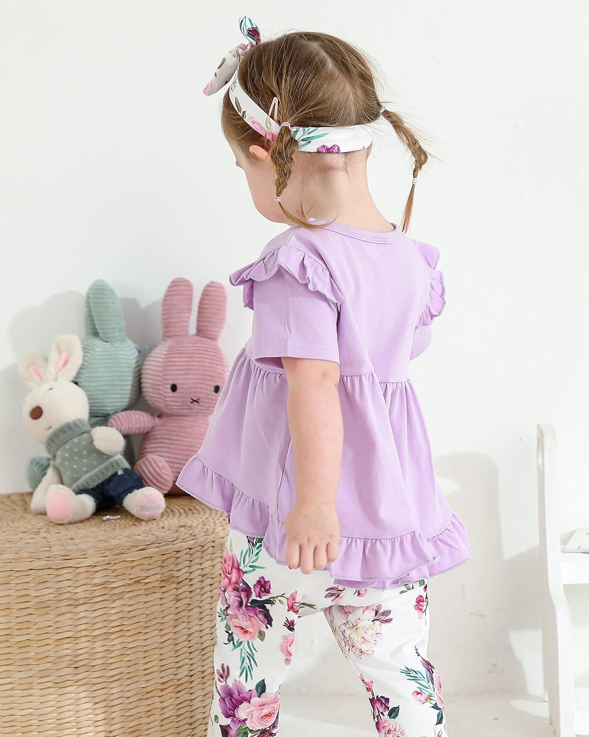 imageKucnuzki Baby Girl Clothes Toddler Girl Outfit Cute Shirt Ruffle Top Pant Set Fall Winter Clothing For GirlPurple Flower