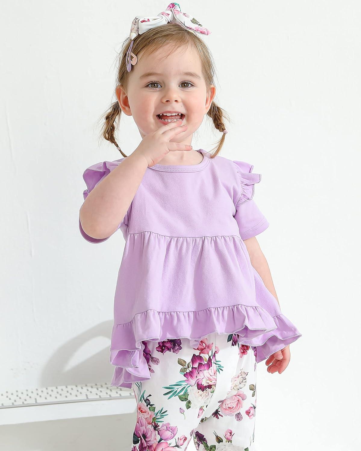 imageKucnuzki Baby Girl Clothes Toddler Girl Outfit Cute Shirt Ruffle Top Pant Set Fall Winter Clothing For GirlPurple Flower