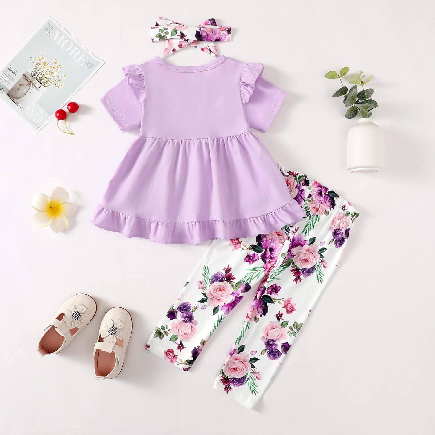 imageKucnuzki Baby Girl Clothes Toddler Girl Outfit Cute Shirt Ruffle Top Pant Set Fall Winter Clothing For GirlPurple Flower