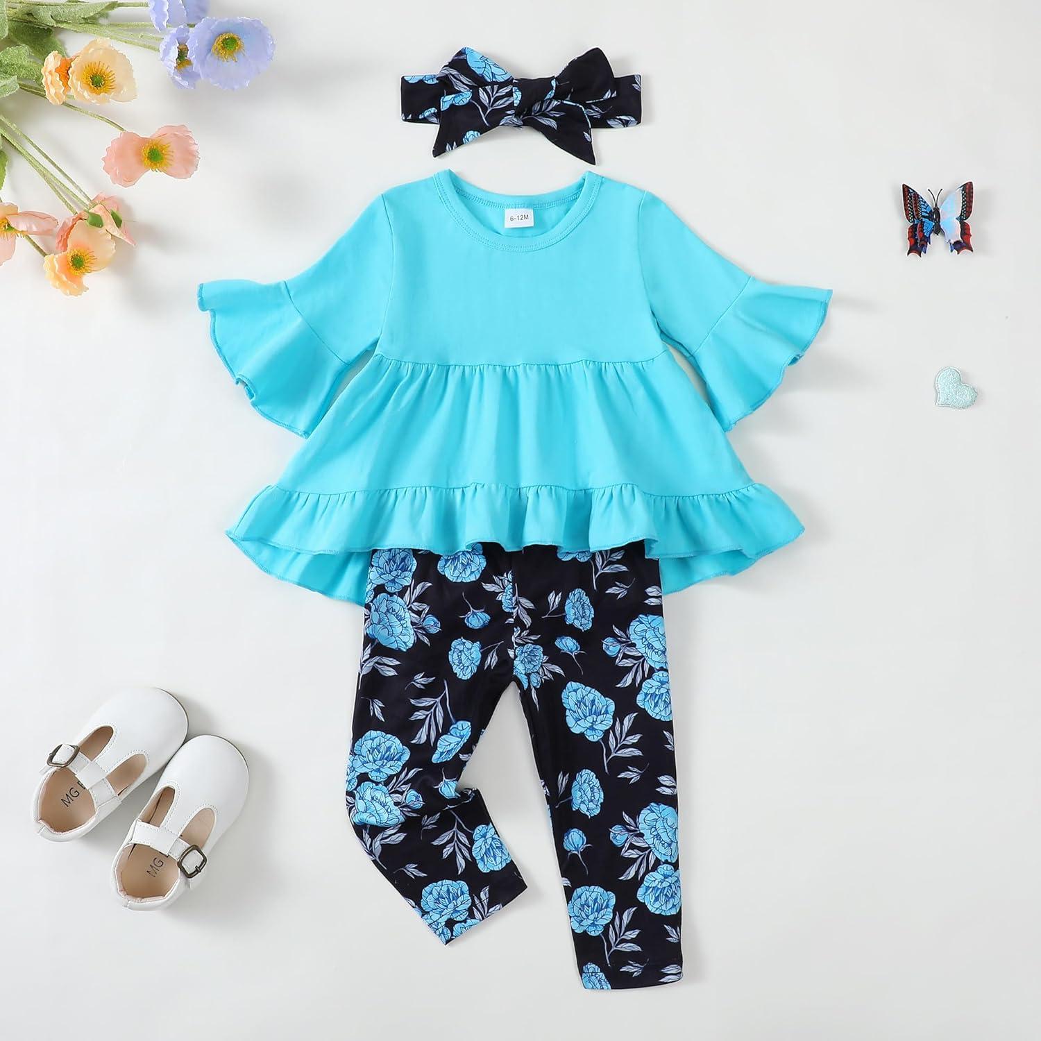 imageKucnuzki Baby Girl Clothes Toddler Girl Outfit Cute Shirt Ruffle Top Pant Set Fall Winter Clothing For GirlTiffanylight Blue