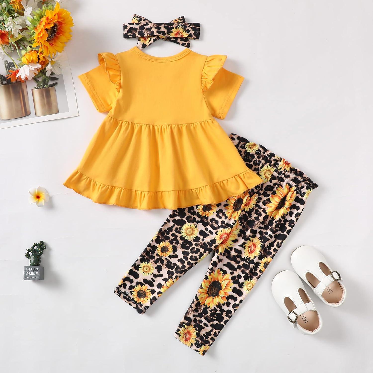 imageKucnuzki Baby Girl Clothes Toddler Girl Outfit Cute Shirt Ruffle Top Pant Set Fall Winter Clothing For GirlYellow Sunflower