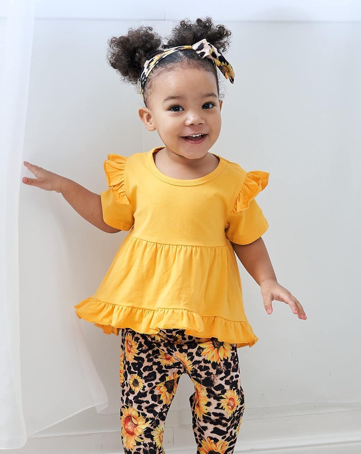 imageKucnuzki Baby Girl Clothes Toddler Girl Outfit Cute Shirt Ruffle Top Pant Set Fall Winter Clothing For GirlYellow Sunflower