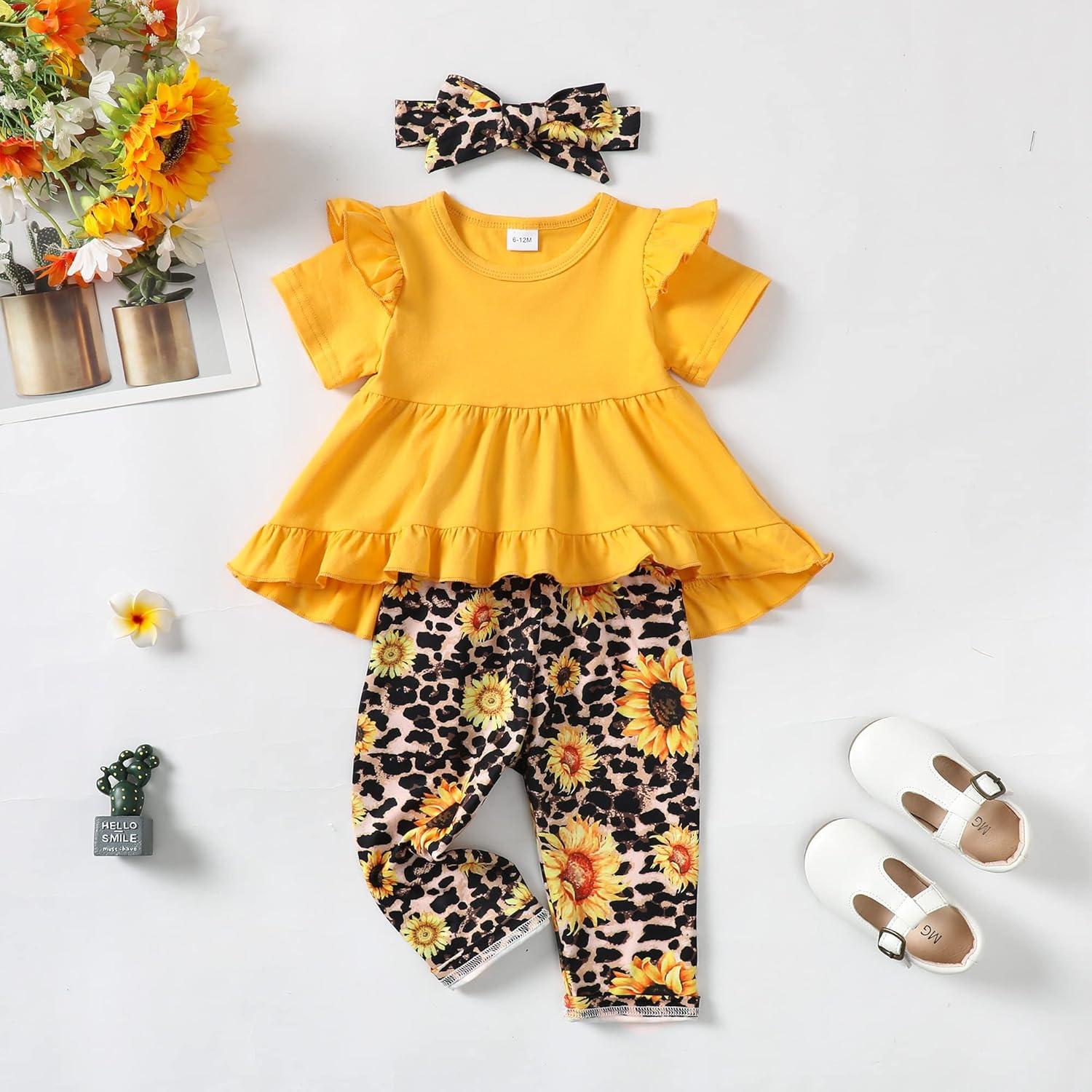 imageKucnuzki Baby Girl Clothes Toddler Girl Outfit Cute Shirt Ruffle Top Pant Set Fall Winter Clothing For GirlYellow Sunflower