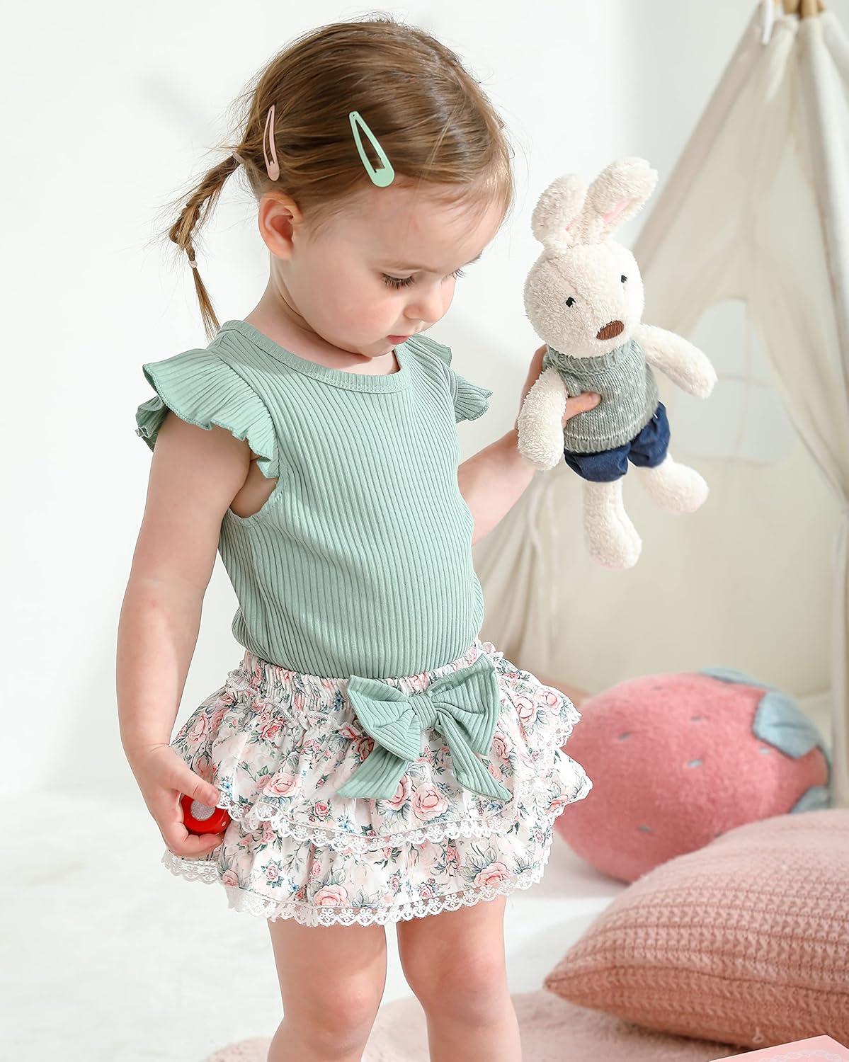 imageKucnuzki Newborn Baby Girl Clothes Infant Ruffle Romper Floral Shorts Set Cute Baby Girl Gifts Stuff Summer Outfit GirlGreen