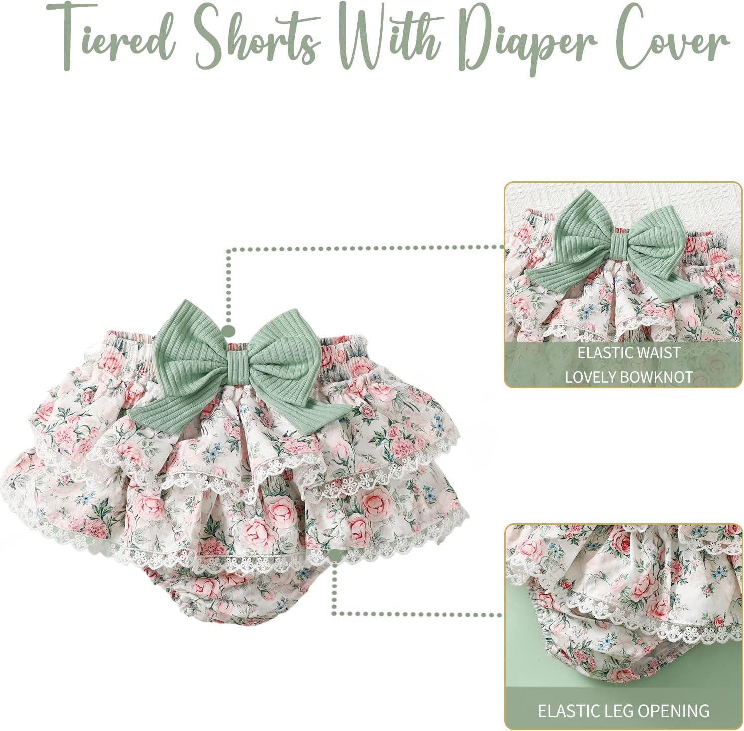 imageKucnuzki Newborn Baby Girl Clothes Infant Ruffle Romper Floral Shorts Set Cute Baby Girl Gifts Stuff Summer Outfit GirlGreen