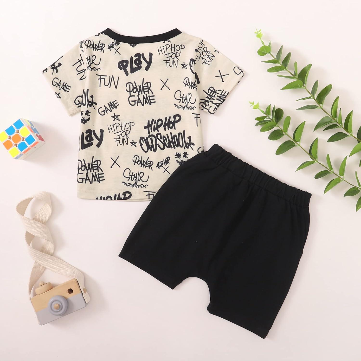 imageKucnuzki Toddler Baby Boy Clothes Outfits Short Summer Sleeve Letters Printed Shirt Shorts Sets 2PC Little Boy ClothingApricot