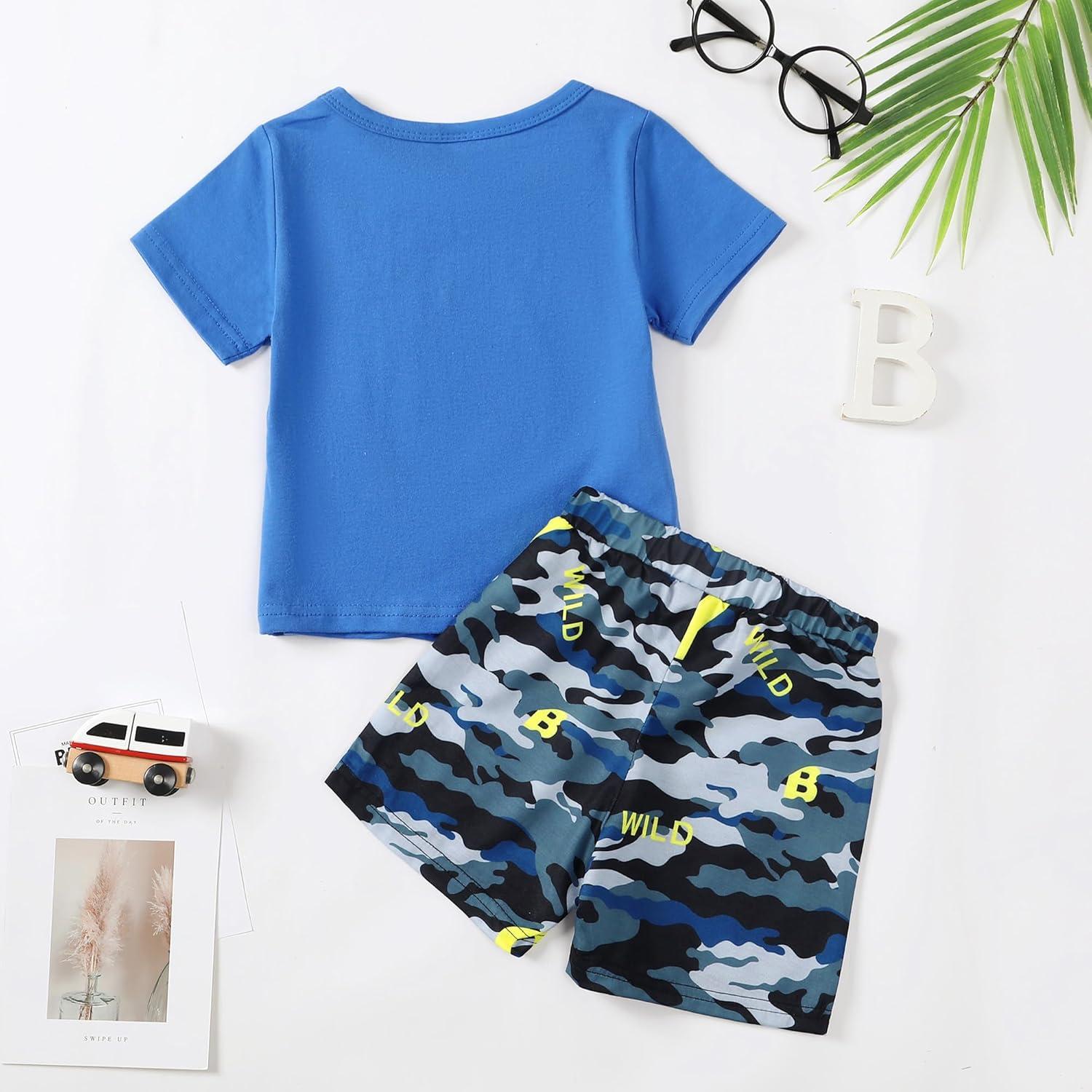imageKucnuzki Toddler Baby Boy Clothes Outfits Short Summer Sleeve Letters Printed Shirt Shorts Sets 2PC Little Boy ClothingBlue Camo