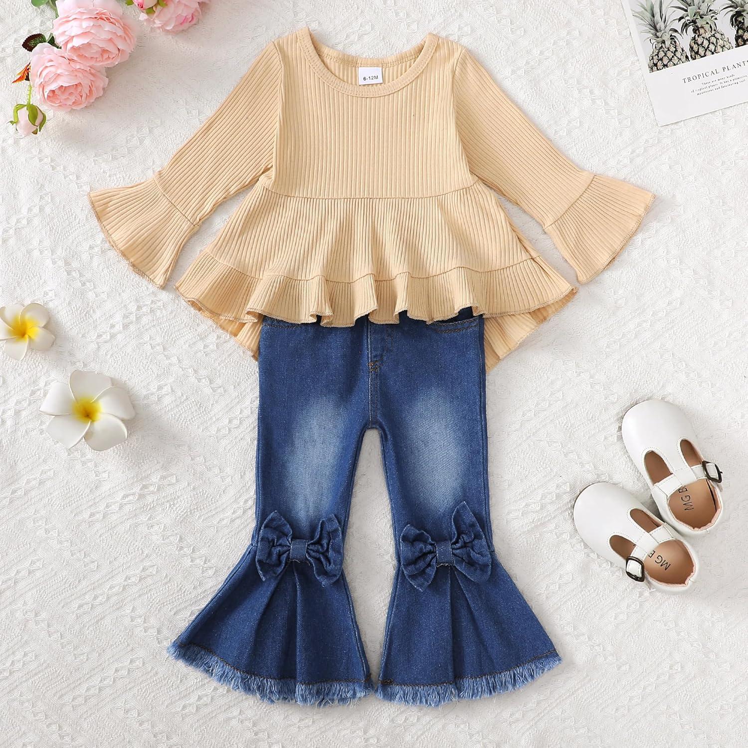 imageKucnuzki Toddler Baby Girls Clothes Long Sleeve Shirt Top Flare Denim Jeans Cute Outfit Baby Girl Fall Winter ClothesApricot Jeans