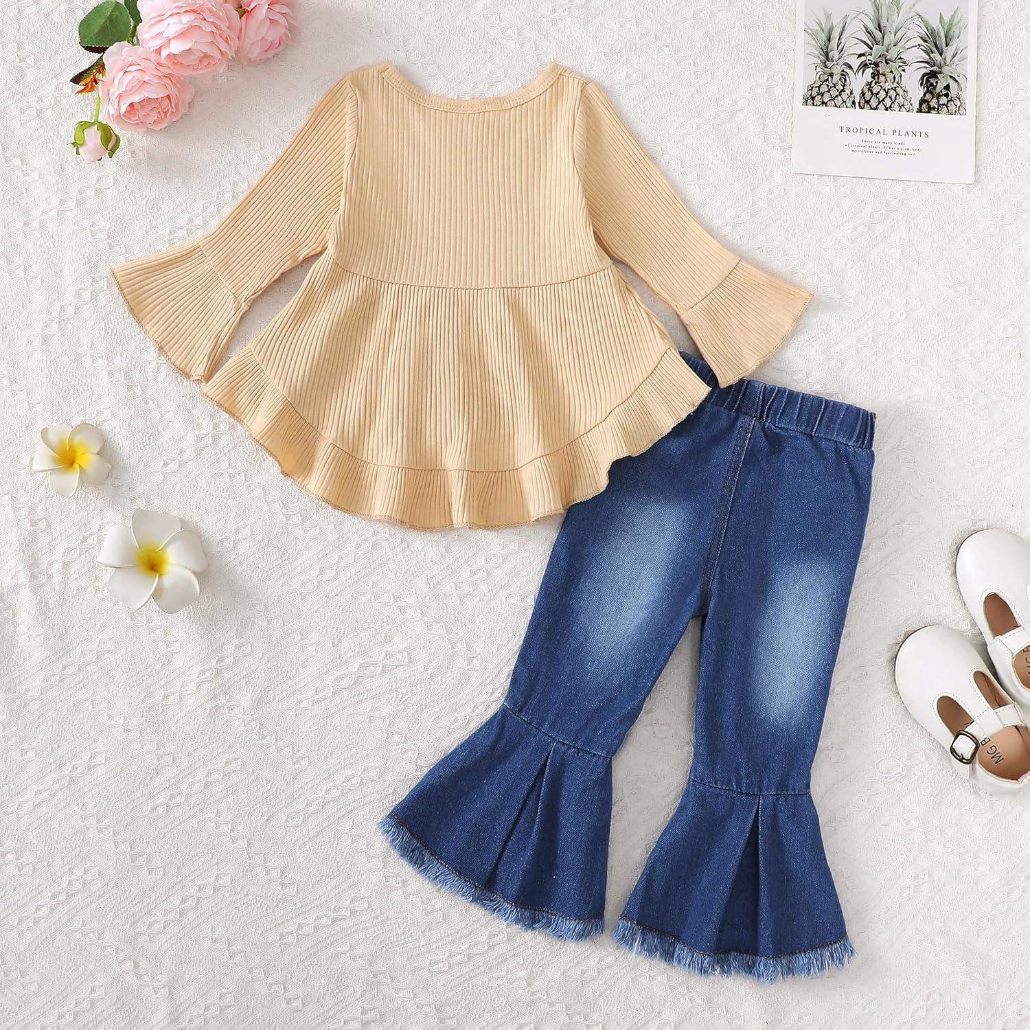 imageKucnuzki Toddler Baby Girls Clothes Long Sleeve Shirt Top Flare Denim Jeans Cute Outfit Baby Girl Fall Winter ClothesApricot Jeans