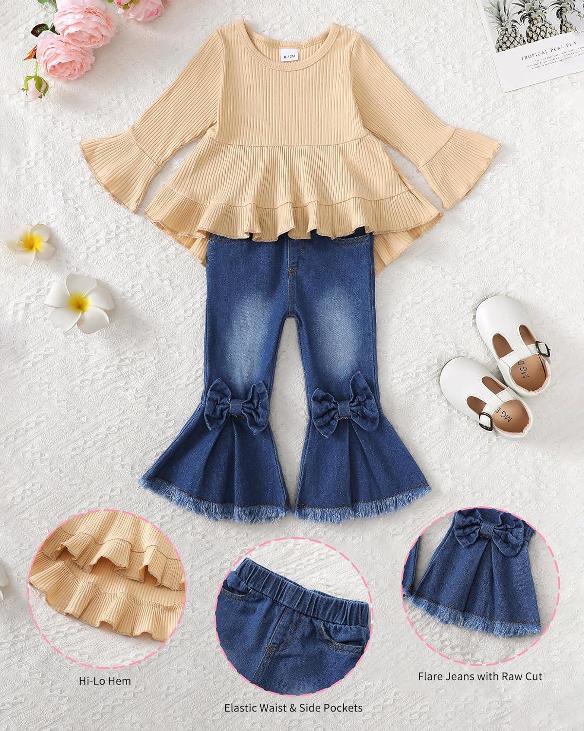imageKucnuzki Toddler Baby Girls Clothes Long Sleeve Shirt Top Flare Denim Jeans Cute Outfit Baby Girl Fall Winter ClothesApricot Jeans