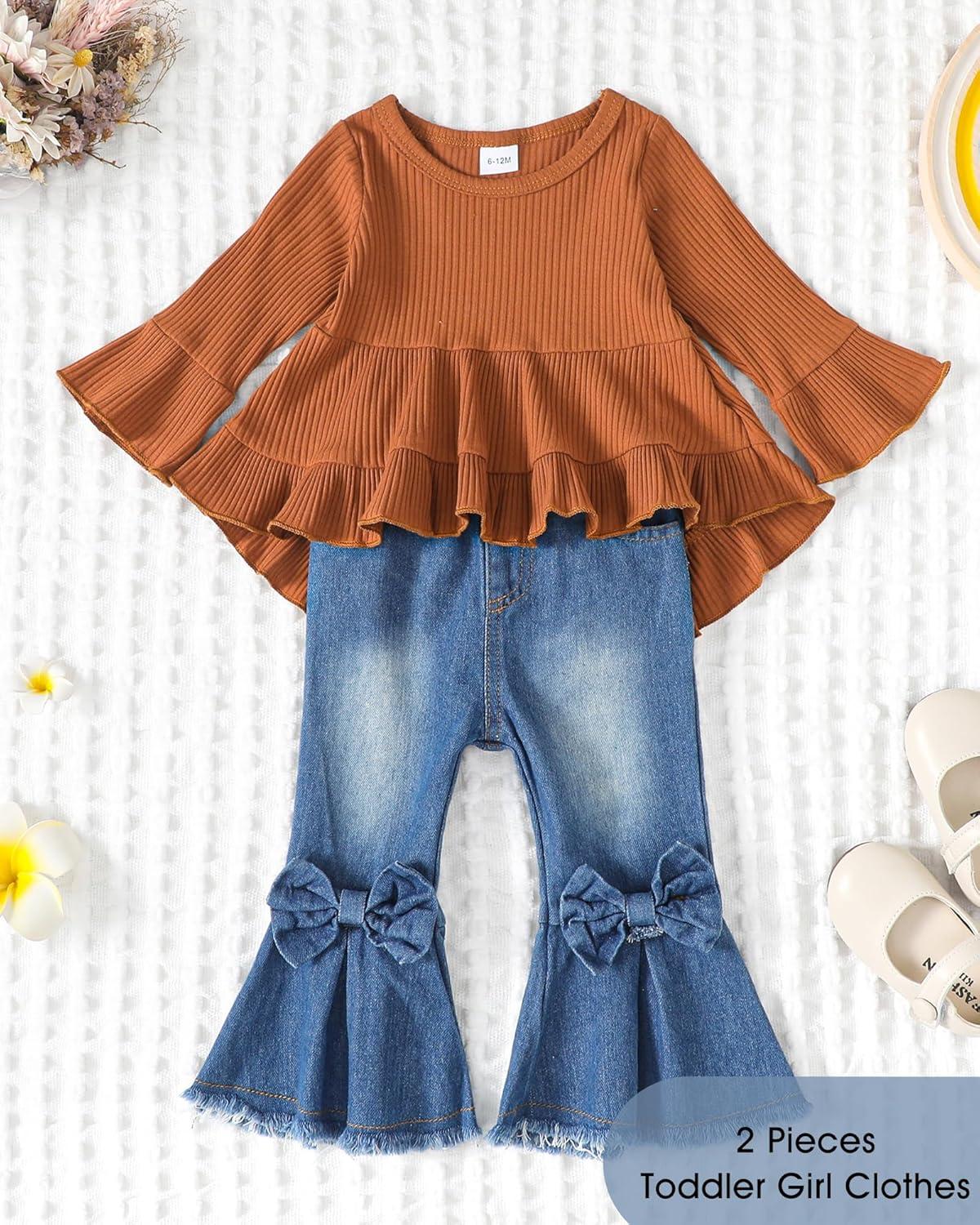 imageKucnuzki Toddler Baby Girls Clothes Long Sleeve Shirt Top Flare Denim Jeans Cute Outfit Baby Girl Fall Winter ClothesBrown Jeans