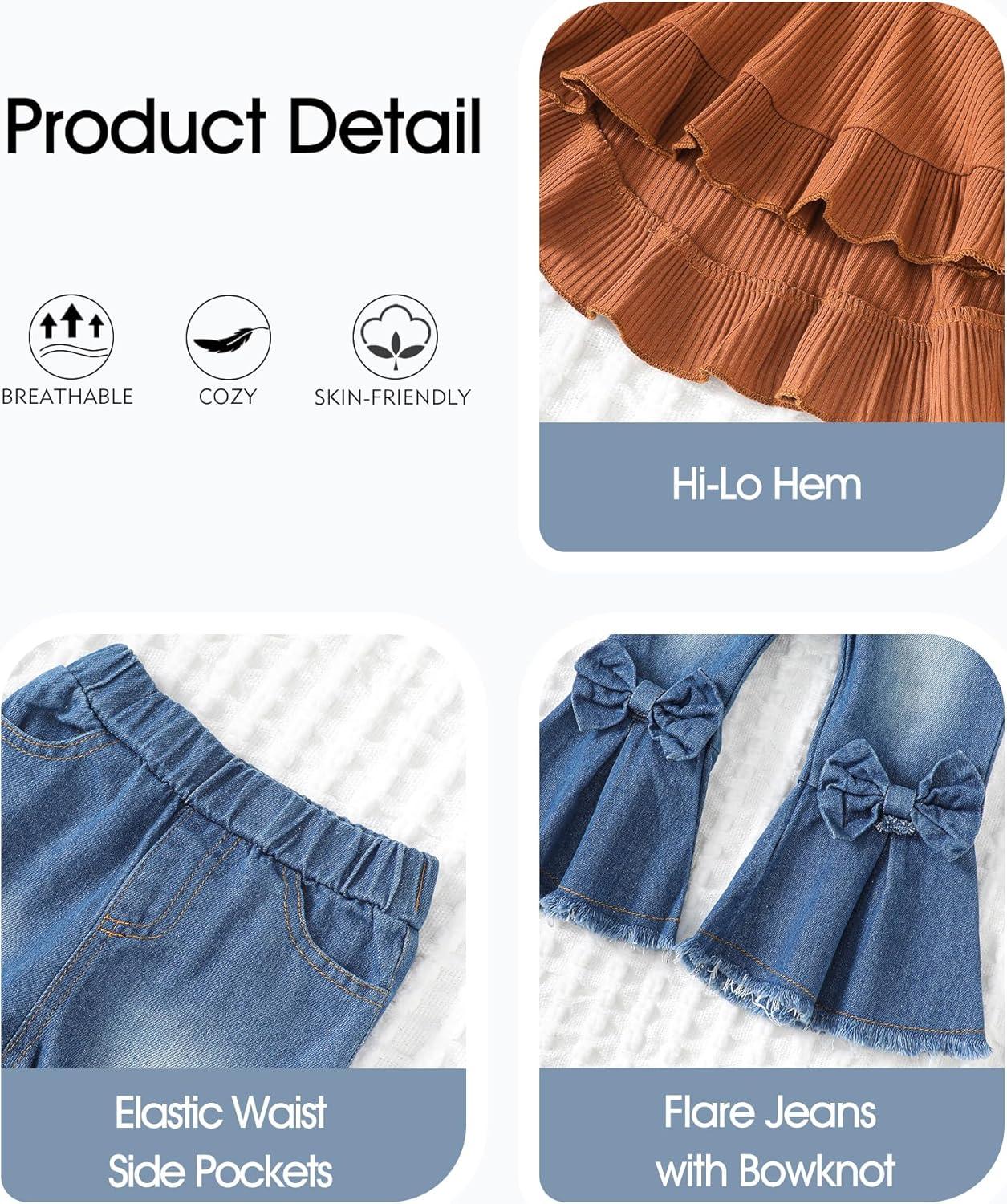 imageKucnuzki Toddler Baby Girls Clothes Long Sleeve Shirt Top Flare Denim Jeans Cute Outfit Baby Girl Fall Winter ClothesBrown Jeans