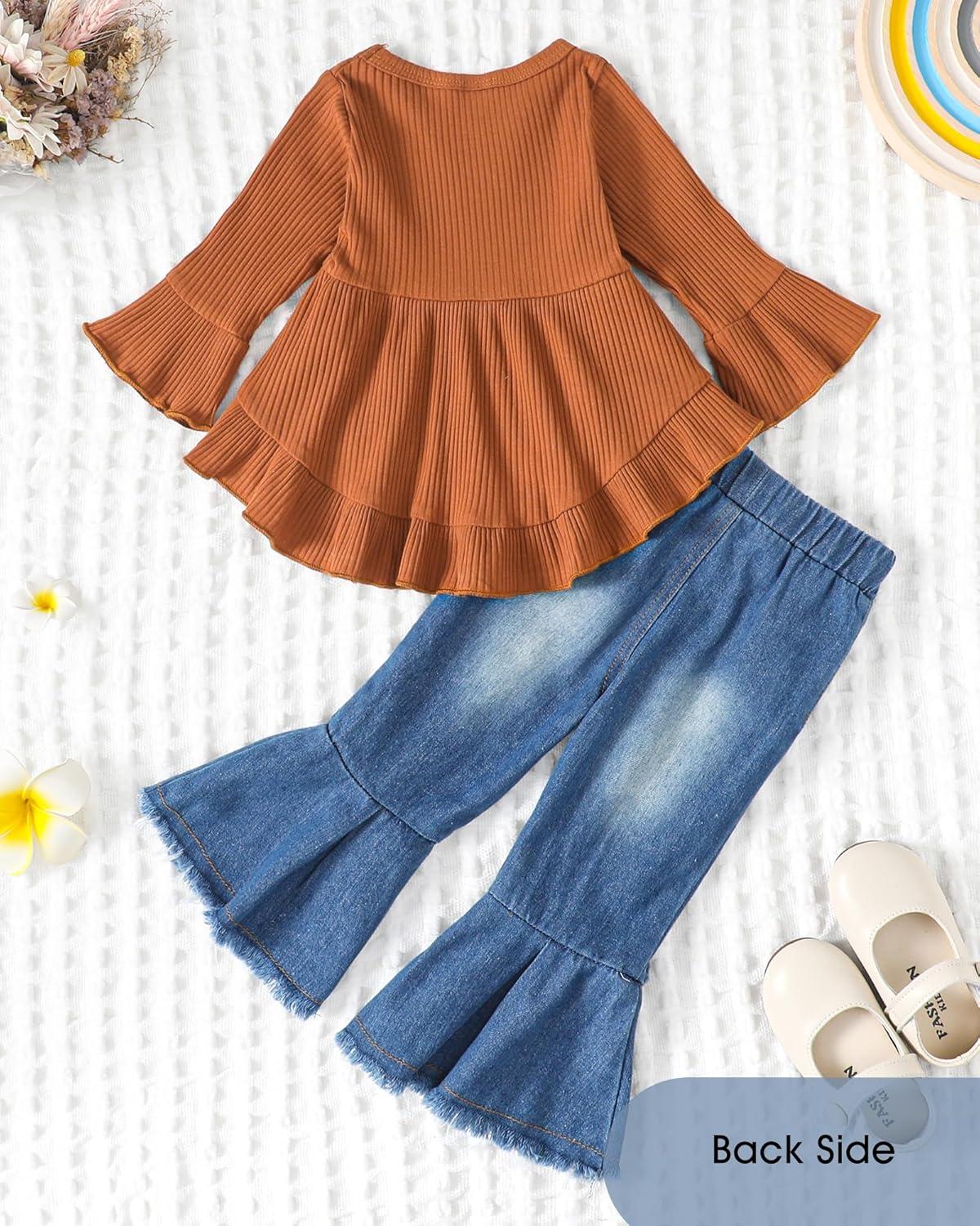 imageKucnuzki Toddler Baby Girls Clothes Long Sleeve Shirt Top Flare Denim Jeans Cute Outfit Baby Girl Fall Winter ClothesBrown Jeans