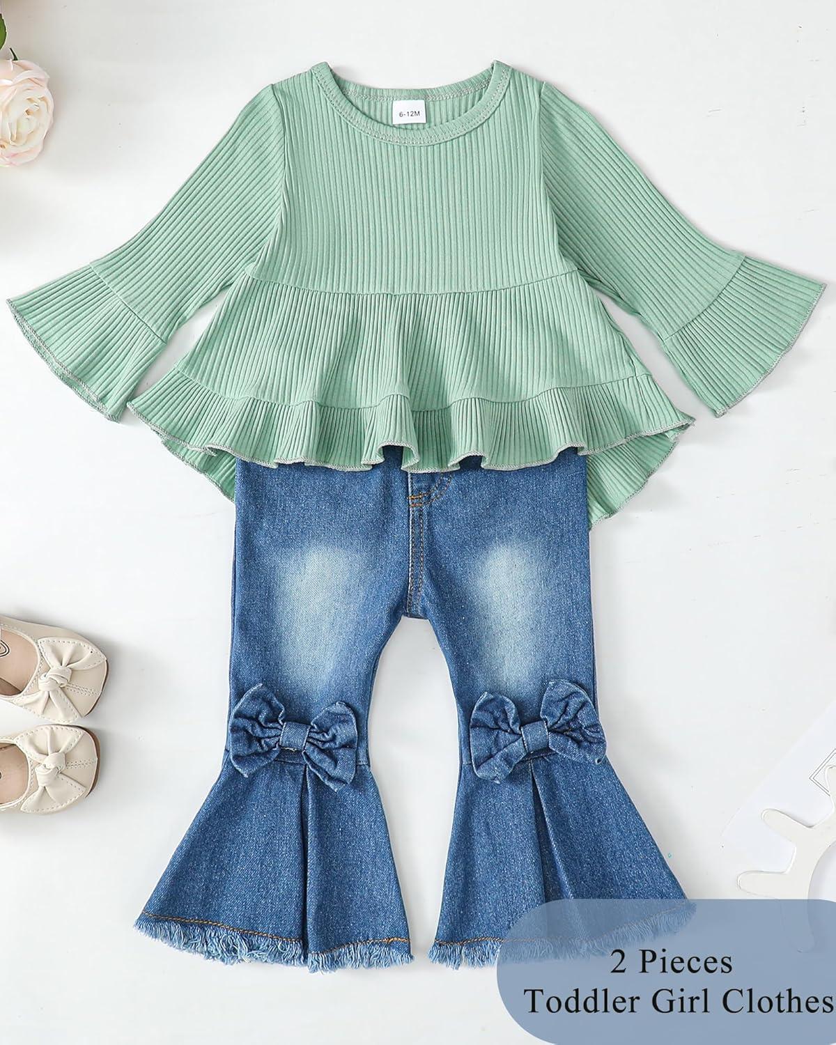 imageKucnuzki Toddler Baby Girls Clothes Long Sleeve Shirt Top Flare Denim Jeans Cute Outfit Baby Girl Fall Winter ClothesGreen Jeans