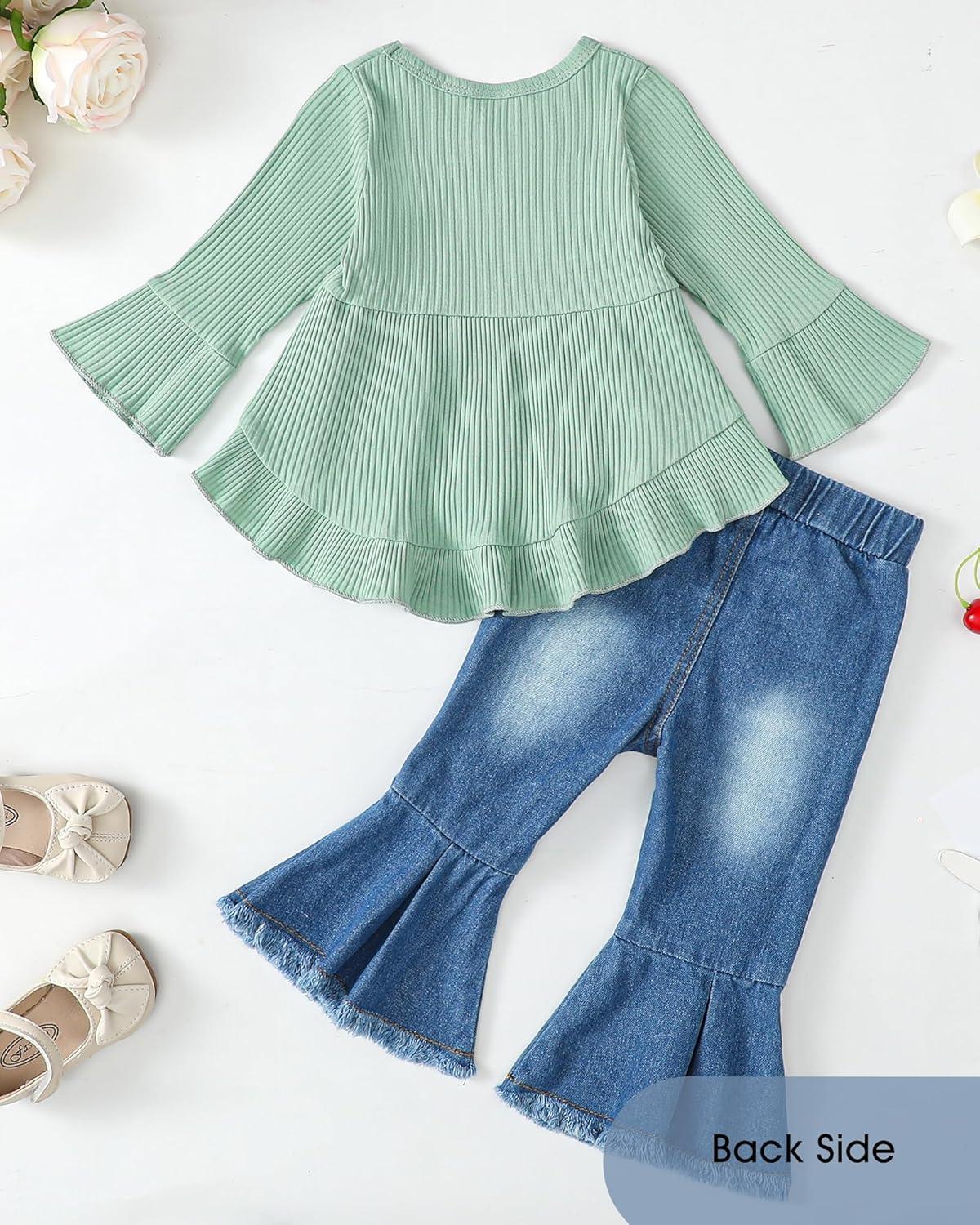 imageKucnuzki Toddler Baby Girls Clothes Long Sleeve Shirt Top Flare Denim Jeans Cute Outfit Baby Girl Fall Winter ClothesGreen Jeans