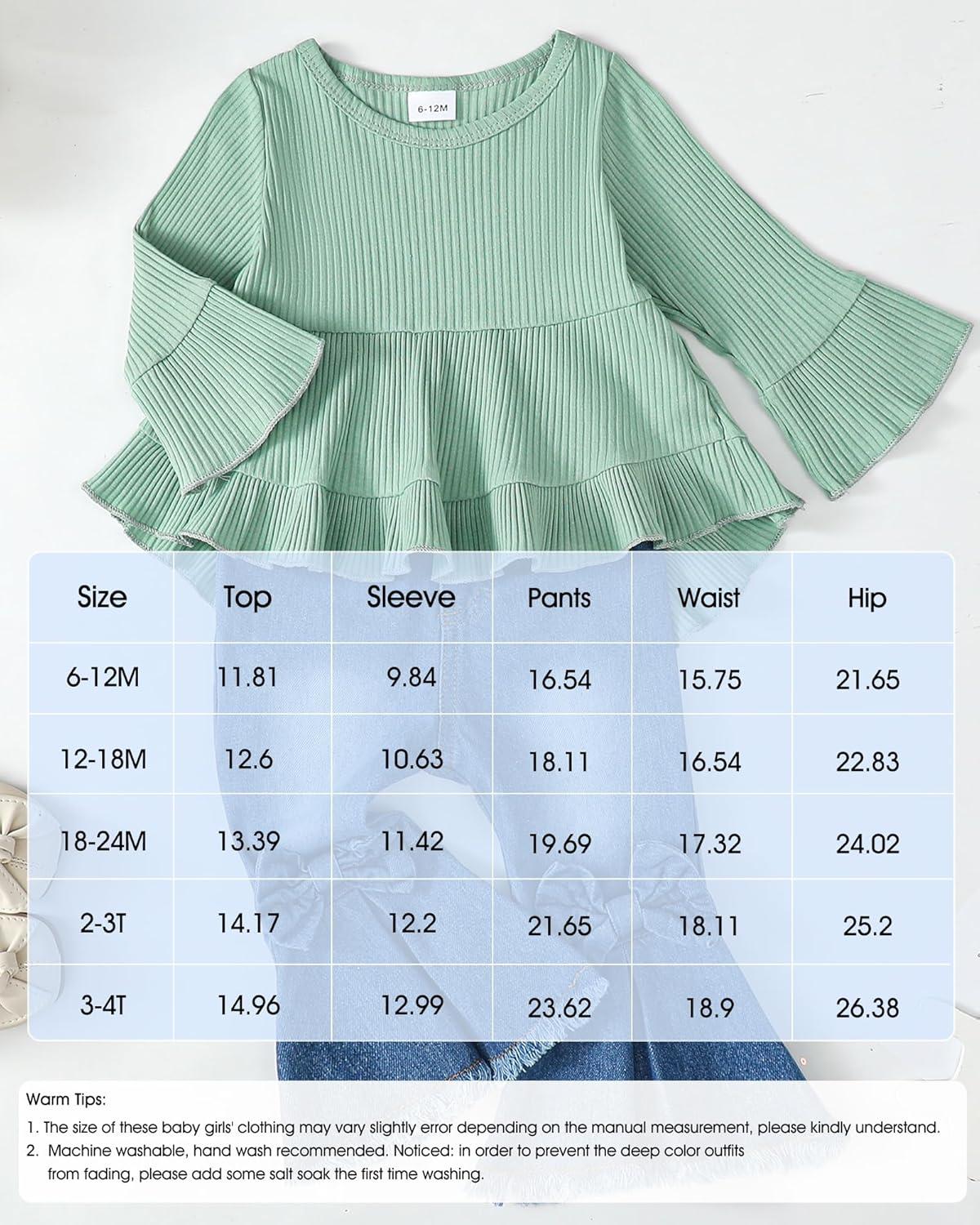 imageKucnuzki Toddler Baby Girls Clothes Long Sleeve Shirt Top Flare Denim Jeans Cute Outfit Baby Girl Fall Winter ClothesGreen Jeans