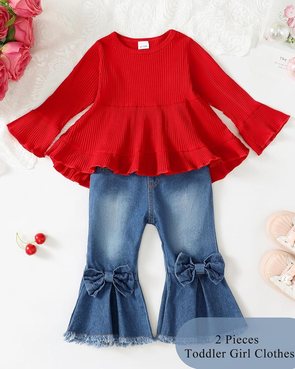 imageKucnuzki Toddler Baby Girls Clothes Long Sleeve Shirt Top Flare Denim Jeans Cute Outfit Baby Girl Fall Winter ClothesMaroon Jeans