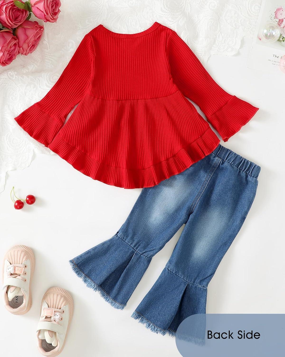 imageKucnuzki Toddler Baby Girls Clothes Long Sleeve Shirt Top Flare Denim Jeans Cute Outfit Baby Girl Fall Winter ClothesMaroon Jeans