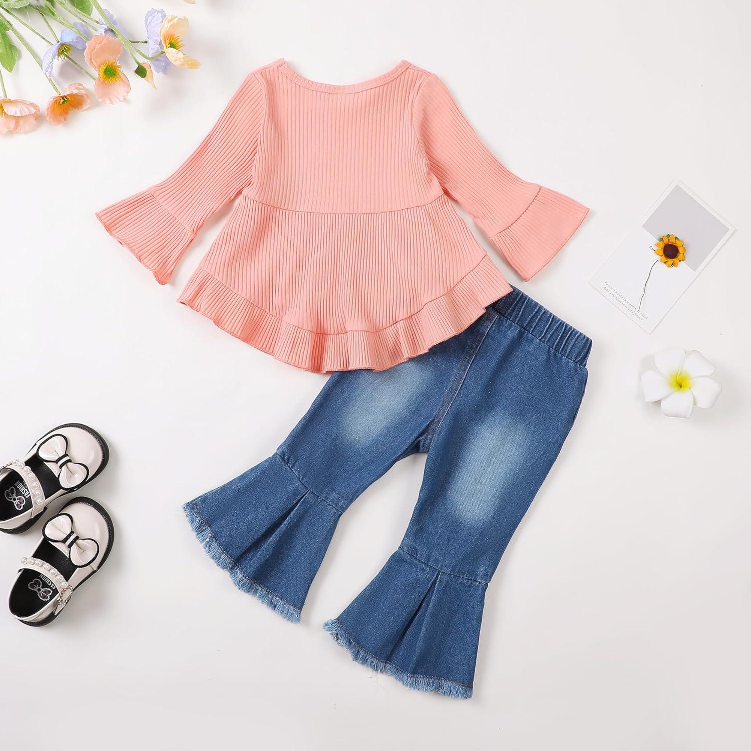 imageKucnuzki Toddler Baby Girls Clothes Long Sleeve Shirt Top Flare Denim Jeans Cute Outfit Baby Girl Fall Winter ClothesPink Jeans
