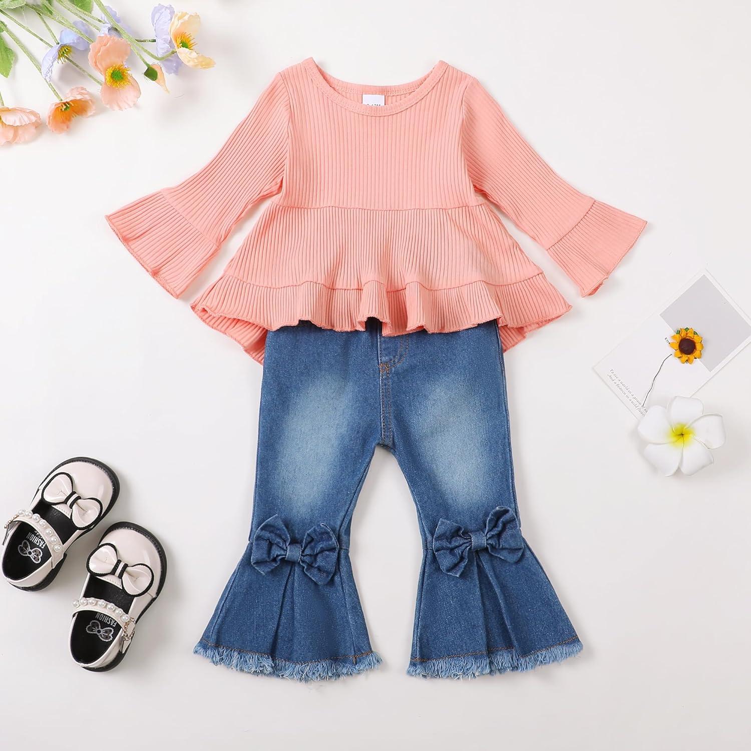 imageKucnuzki Toddler Baby Girls Clothes Long Sleeve Shirt Top Flare Denim Jeans Cute Outfit Baby Girl Fall Winter ClothesPink Jeans