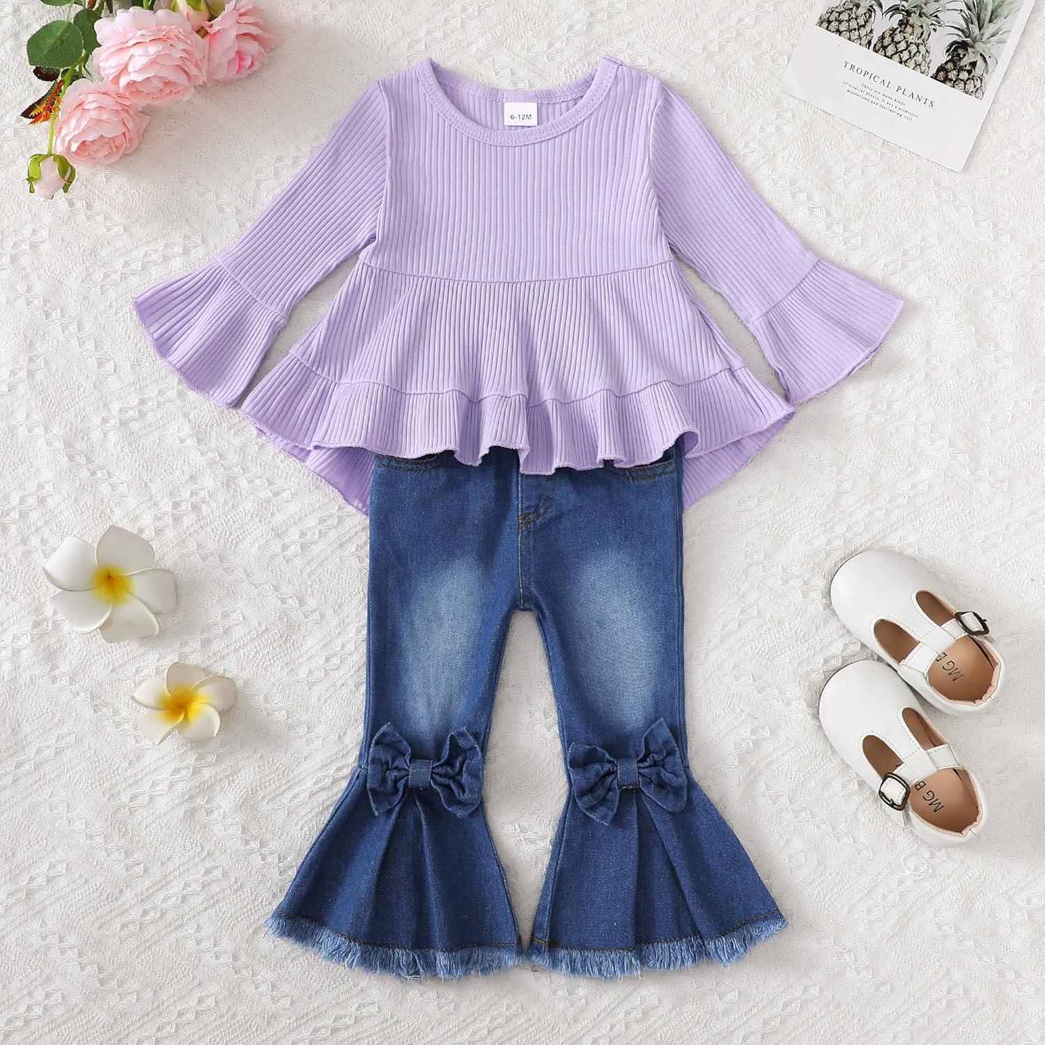imageKucnuzki Toddler Baby Girls Clothes Long Sleeve Shirt Top Flare Denim Jeans Cute Outfit Baby Girl Fall Winter ClothesPurple Jeans