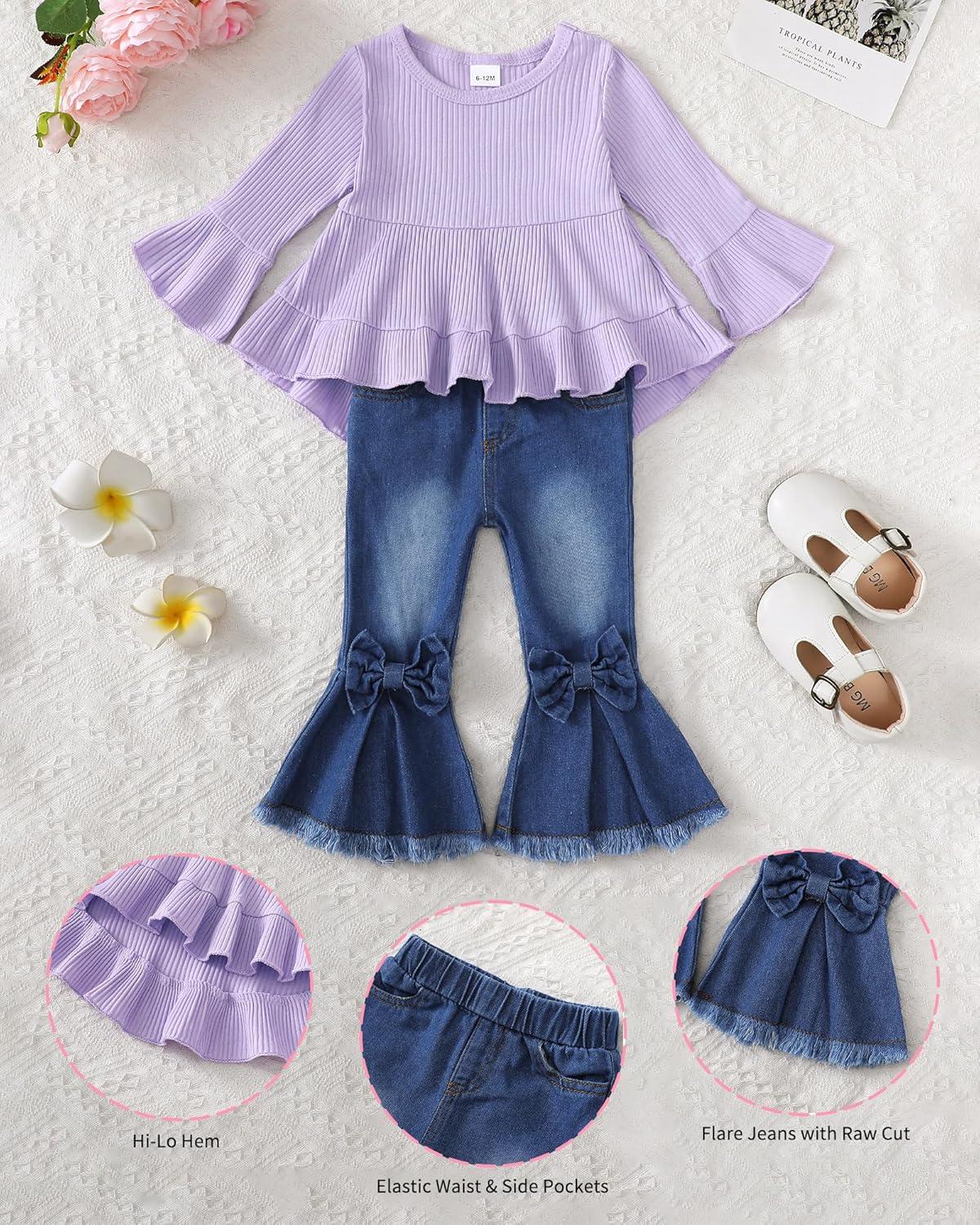 imageKucnuzki Toddler Baby Girls Clothes Long Sleeve Shirt Top Flare Denim Jeans Cute Outfit Baby Girl Fall Winter ClothesPurple Jeans