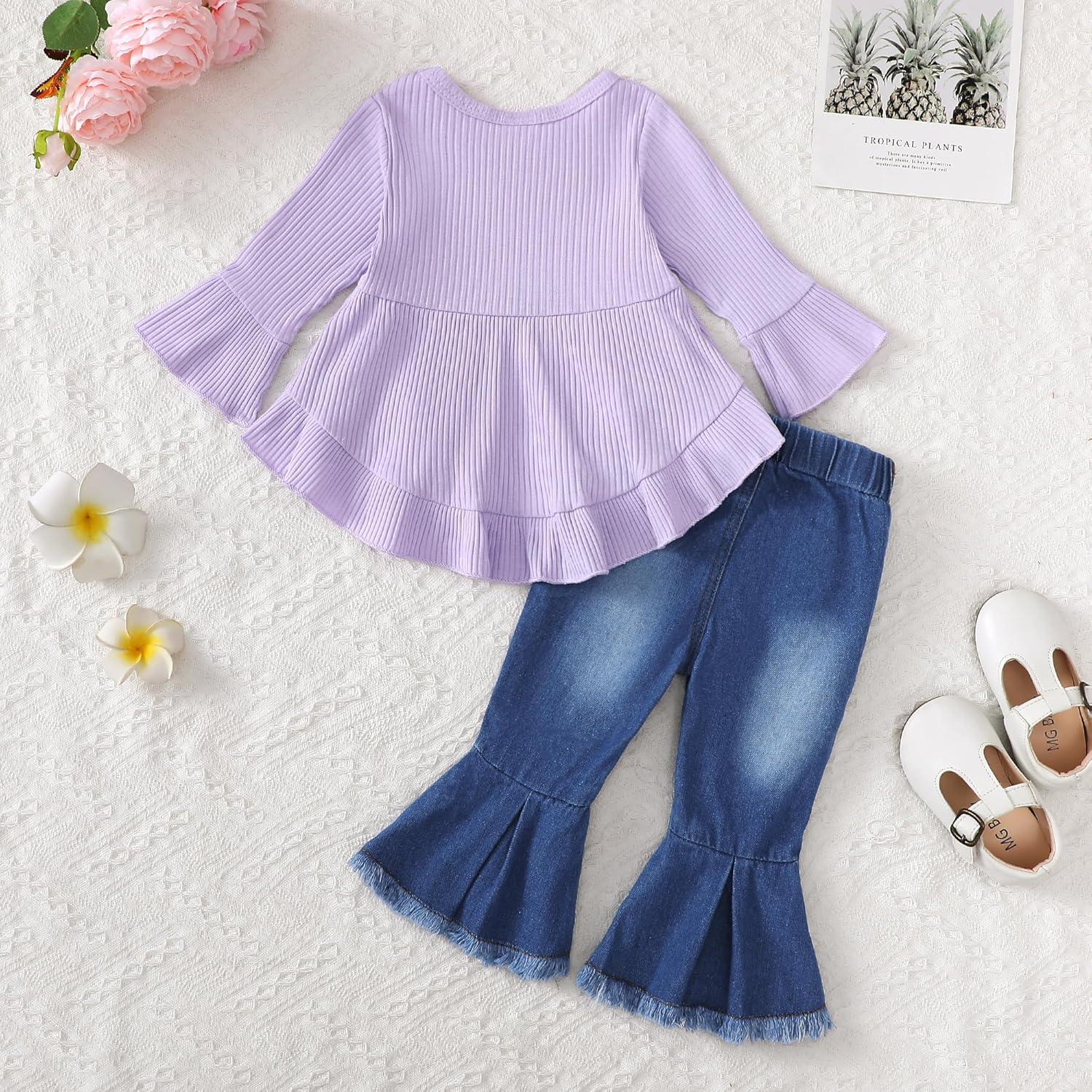 imageKucnuzki Toddler Baby Girls Clothes Long Sleeve Shirt Top Flare Denim Jeans Cute Outfit Baby Girl Fall Winter ClothesPurple Jeans