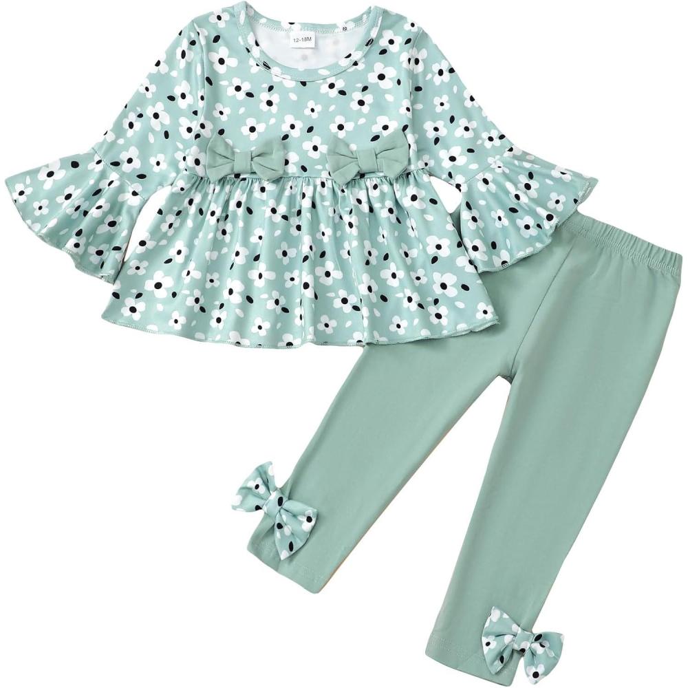 imageBaby Girl Clothes Toddler Girl Fall Outfits Ruffle Long Sleeve Floral Shirt Tops Winter Leggings Pants Clothing SetGreen