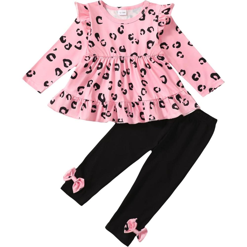 imageBaby Girl Clothes Toddler Girl Fall Outfits Ruffle Long Sleeve Floral Shirt Tops Winter Leggings Pants Clothing SetPink Black