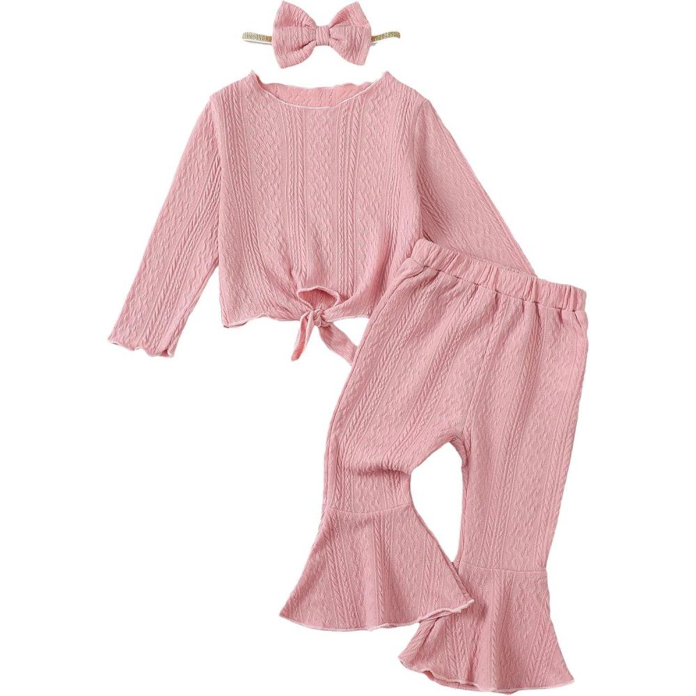 imageKucnuzki Baby Girl Clothes Toddler Clothes Long Sleeve Plain Shirts Top Bell Bottoms Flare Pants Infant Girl Fall OutfitPink