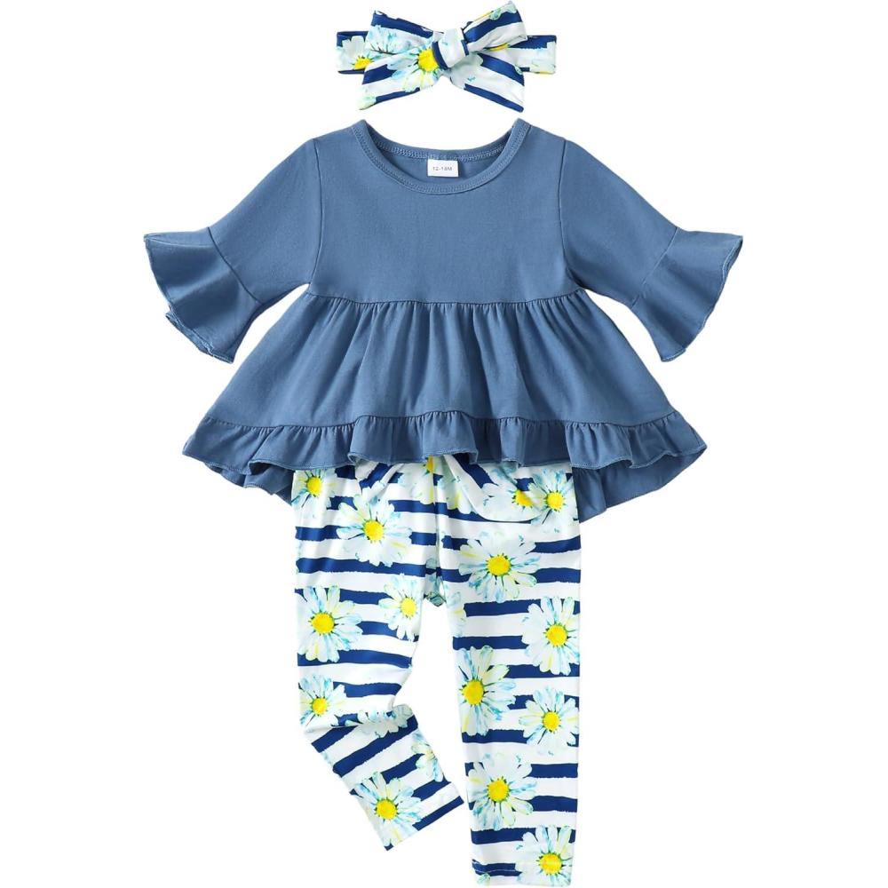 imageKucnuzki Baby Girl Clothes Toddler Girl Outfit Cute Shirt Ruffle Top Pant Set Fall Winter Clothing For GirlBlue
