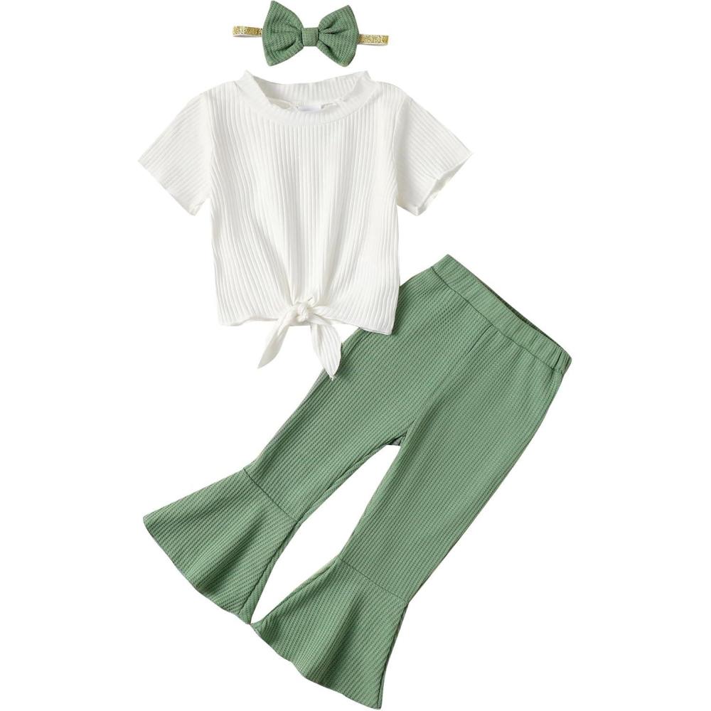 imageKucnuzki Baby Girl Clothes Toddler Girl Outfit Cute Shirt Ruffle Top Pant Set Fall Winter Clothing For GirlGreen White