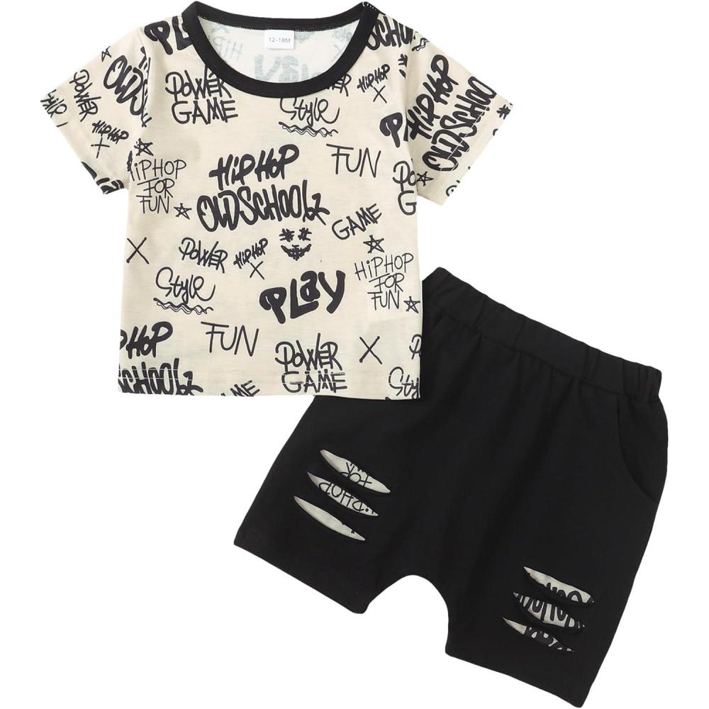 imageKucnuzki Toddler Baby Boy Clothes Outfits Short Summer Sleeve Letters Printed Shirt Shorts Sets 2PC Little Boy ClothingApricot