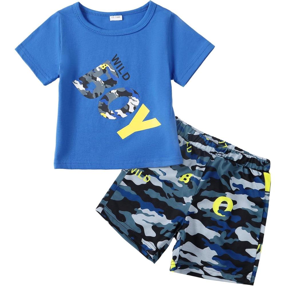 imageKucnuzki Toddler Baby Boy Clothes Outfits Short Summer Sleeve Letters Printed Shirt Shorts Sets 2PC Little Boy ClothingBlue Camo