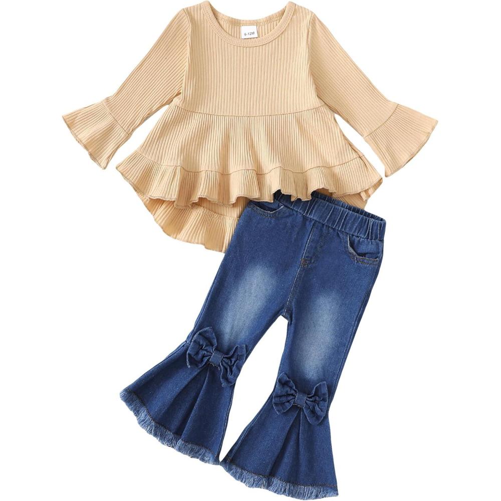 imageKucnuzki Toddler Baby Girls Clothes Long Sleeve Shirt Top Flare Denim Jeans Cute Outfit Baby Girl Fall Winter ClothesApricot Jeans