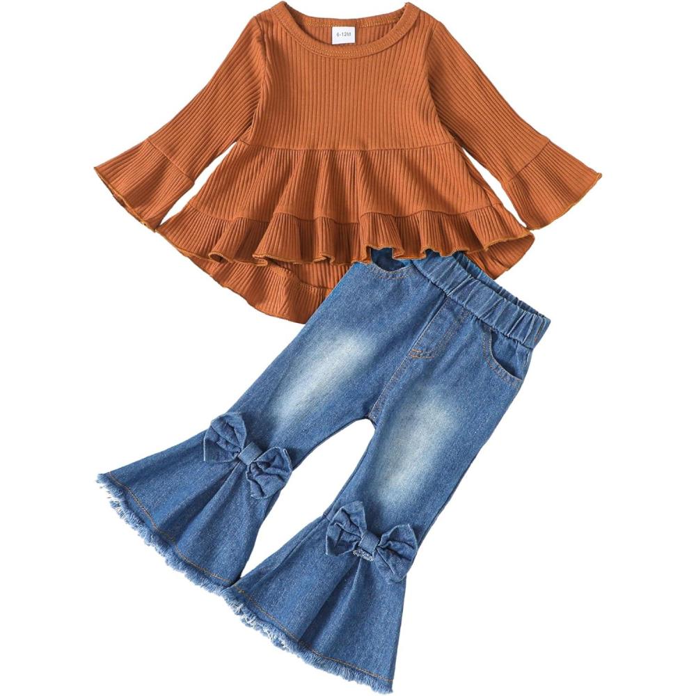 imageKucnuzki Toddler Baby Girls Clothes Long Sleeve Shirt Top Flare Denim Jeans Cute Outfit Baby Girl Fall Winter ClothesBrown Jeans