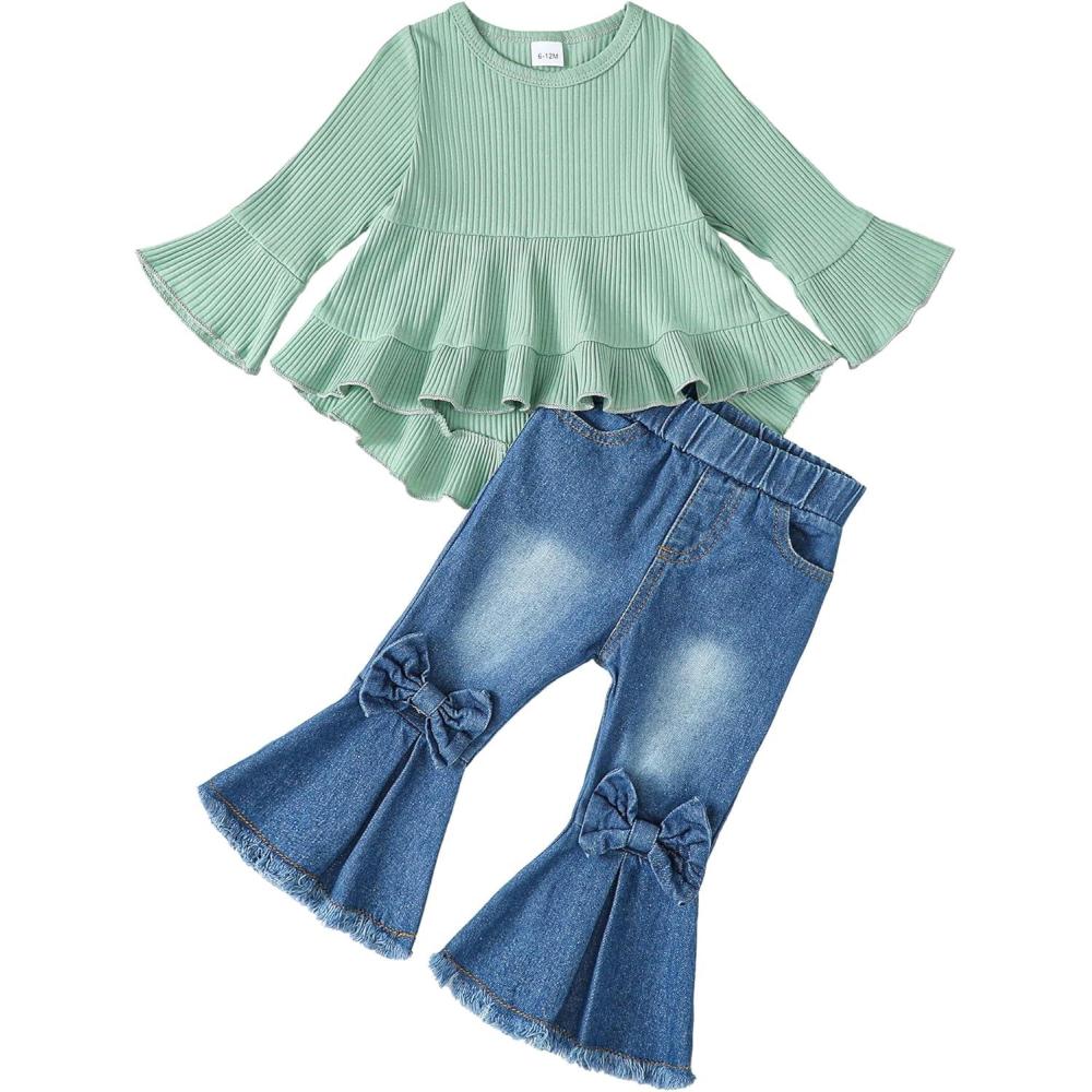 imageKucnuzki Toddler Baby Girls Clothes Long Sleeve Shirt Top Flare Denim Jeans Cute Outfit Baby Girl Fall Winter ClothesGreen Jeans