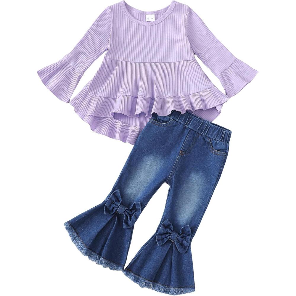 imageKucnuzki Toddler Baby Girls Clothes Long Sleeve Shirt Top Flare Denim Jeans Cute Outfit Baby Girl Fall Winter ClothesPurple Jeans