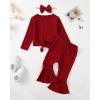 imageKucnuzki Baby Girl Clothes Toddler Clothes Long Sleeve Plain Shirts Top Bell Bottoms Flare Pants Infant Girl Fall OutfitWine Red