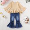 imageKucnuzki Toddler Baby Girls Clothes Long Sleeve Shirt Top Flare Denim Jeans Cute Outfit Baby Girl Fall Winter ClothesApricot Jeans