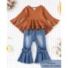 imageKucnuzki Toddler Baby Girls Clothes Long Sleeve Shirt Top Flare Denim Jeans Cute Outfit Baby Girl Fall Winter ClothesBrown Jeans