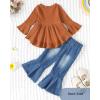 imageKucnuzki Toddler Baby Girls Clothes Long Sleeve Shirt Top Flare Denim Jeans Cute Outfit Baby Girl Fall Winter ClothesBrown Jeans